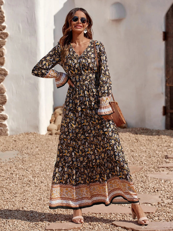 Bohemian V Neck Elastic Waist Long Sleeves Swing Long Dress kakaclo
