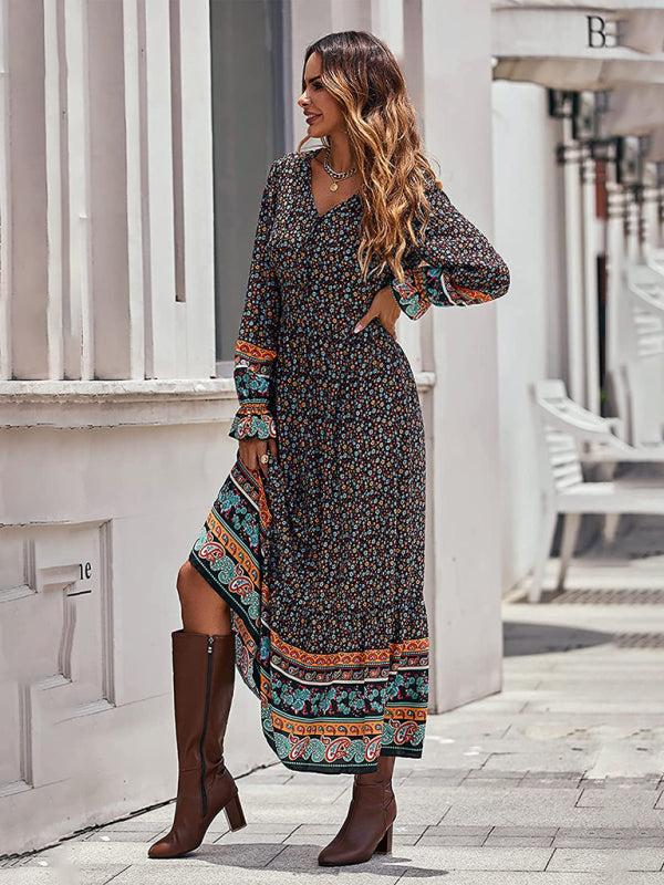 Bohemian V Neck Elastic Waist Long Sleeves Swing Long Dress kakaclo