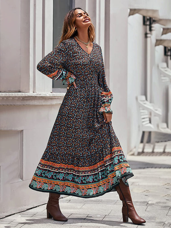 Bohemian V Neck Elastic Waist Long Sleeves Swing Long Dress kakaclo
