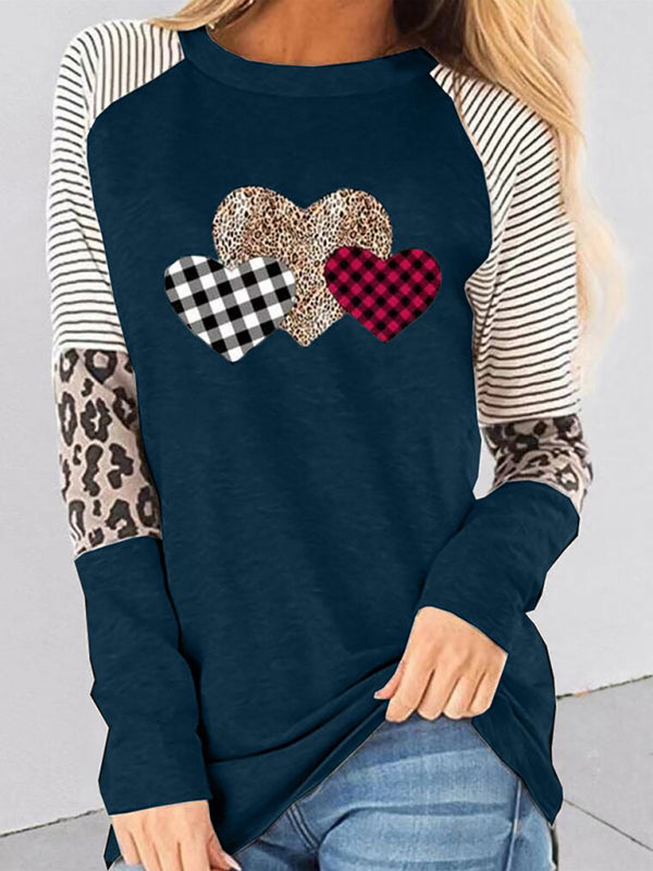 Valentine's Long Sleeve Mosaic Peach Heart Round Neck Loose Top kakaclo