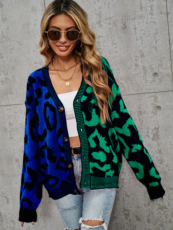 Blue Zone Planet |  Single Breasted Street Panel Leopard Print Oversized Knit Cardigan Sweater kakaclo