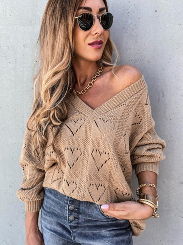 Blue Zone Planet |  Pullover solid color V-neck heart-shaped hollow loose knitted sweater kakaclo