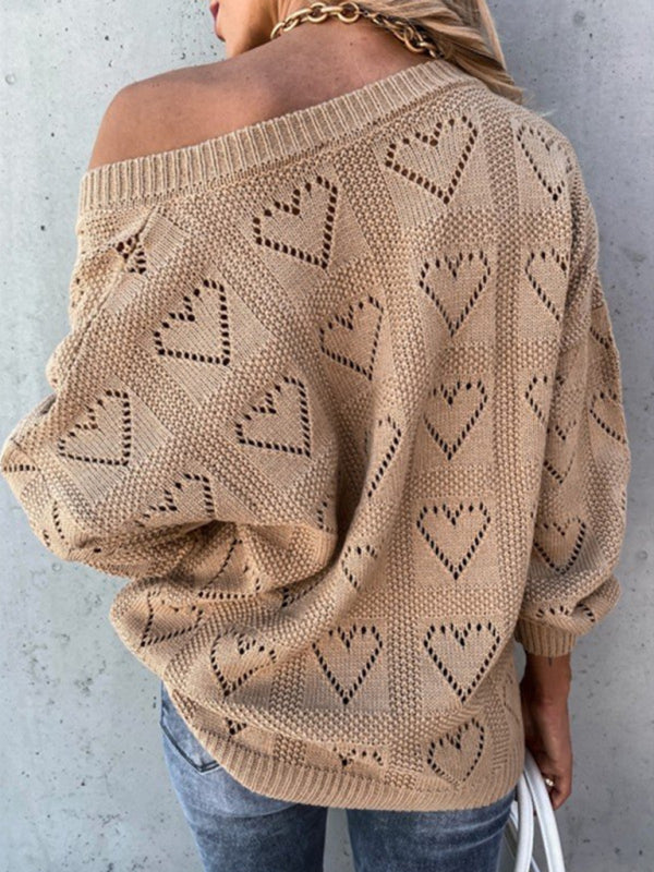 Blue Zone Planet |  Pullover solid color V-neck heart-shaped hollow loose knitted sweater kakaclo