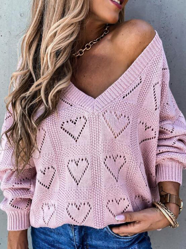Blue Zone Planet |  Pullover solid color V-neck heart-shaped hollow loose knitted sweater kakaclo