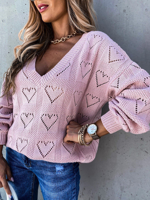 Blue Zone Planet |  Pullover solid color V-neck heart-shaped hollow loose knitted sweater kakaclo