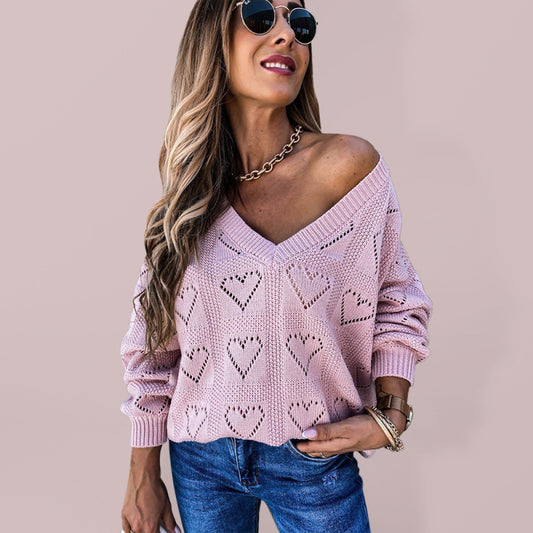 Blue Zone Planet |  Pullover solid color V-neck heart-shaped hollow loose knitted sweater kakaclo