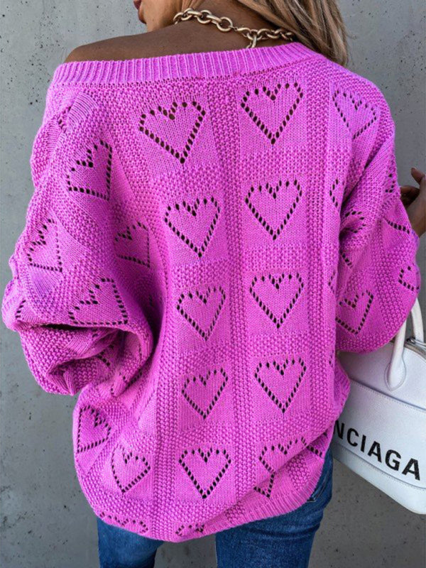 Blue Zone Planet |  Pullover solid color V-neck heart-shaped hollow loose knitted sweater kakaclo