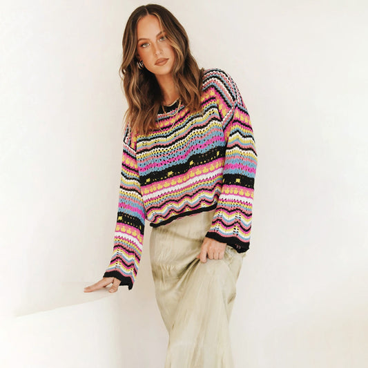 Splicing Knit Sweater Loose Intercolor Foreign Trade Round Neck Striped Sweater Women kakaclo