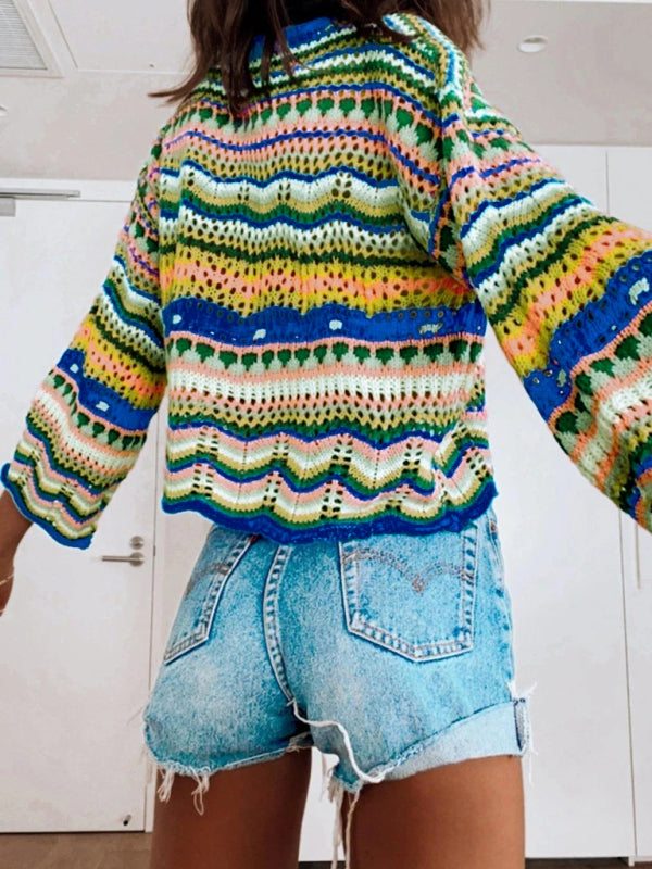 Splicing Knit Sweater Loose Intercolor Foreign Trade Round Neck Striped Sweater Women kakaclo