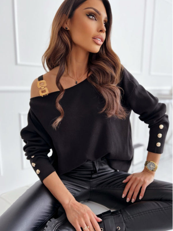 Blue Zone Planet |  Bella's Chain Button Decorated Long Sleeve Top BLUE ZONE PLANET