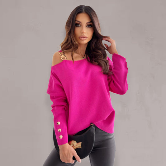 Blue Zone Planet |  Bella's Chain Button Decorated Long Sleeve Top BLUE ZONE PLANET