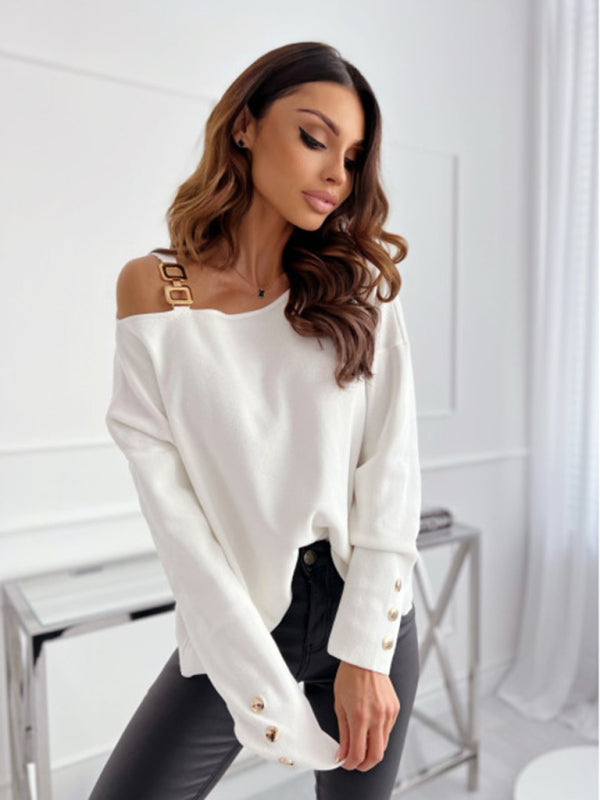 Blue Zone Planet |  Bella's Chain Button Decorated Long Sleeve Top BLUE ZONE PLANET