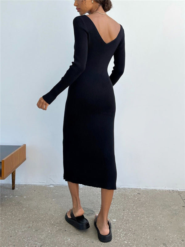 Blue Zone Planet |  Slim long-sleeved knitted bodycon solid color maxi dress BLUE ZONE PLANET