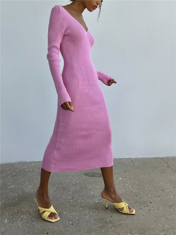 Blue Zone Planet |  Slim long-sleeved knitted bodycon solid color maxi dress BLUE ZONE PLANET