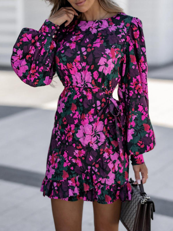 Fashion Sexy Printed Round Neck Tie Waist Long Sleeve Dress kakaclo