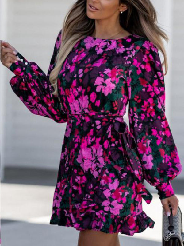 Fashion Sexy Printed Round Neck Tie Waist Long Sleeve Dress kakaclo
