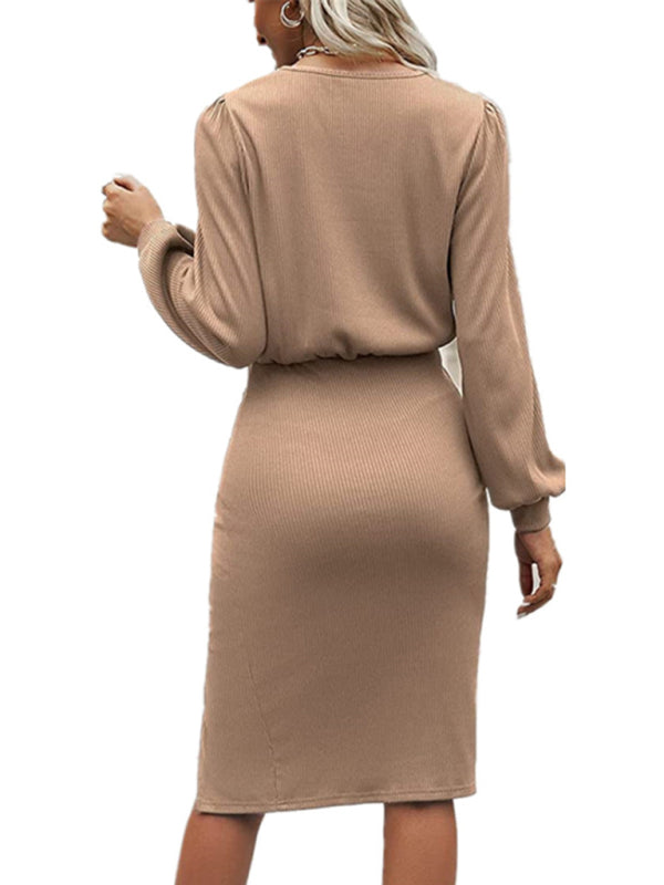 Blue Zone Planet |  Threaded Waist Lantern Long-Sleeved Knitted Split Hip Dress BLUE ZONE PLANET