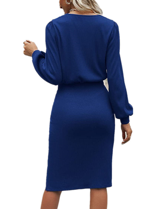 Blue Zone Planet |  Threaded Waist Lantern Long-Sleeved Knitted Split Hip Dress BLUE ZONE PLANET