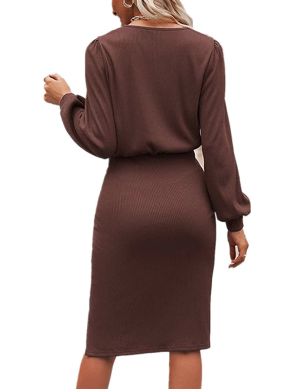 Blue Zone Planet |  Threaded Waist Lantern Long-Sleeved Knitted Split Hip Dress BLUE ZONE PLANET