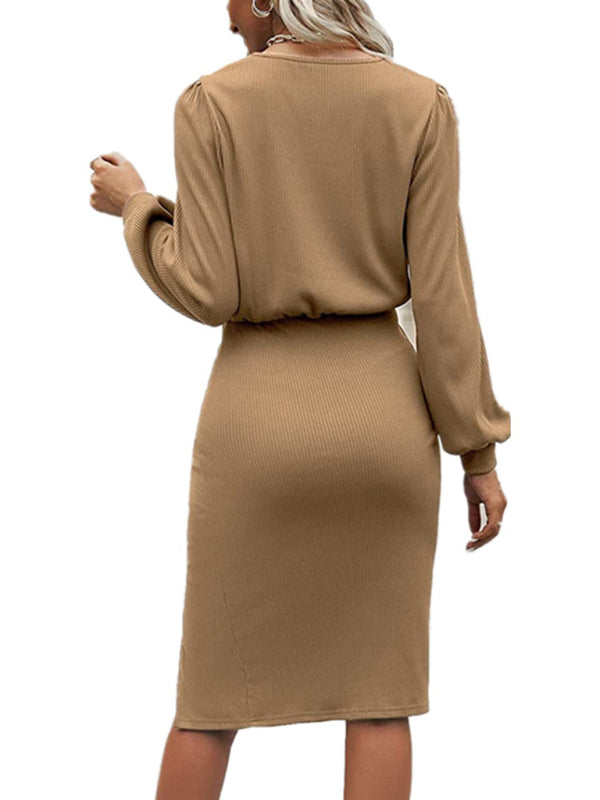 Blue Zone Planet |  Threaded Waist Lantern Long-Sleeved Knitted Split Hip Dress BLUE ZONE PLANET