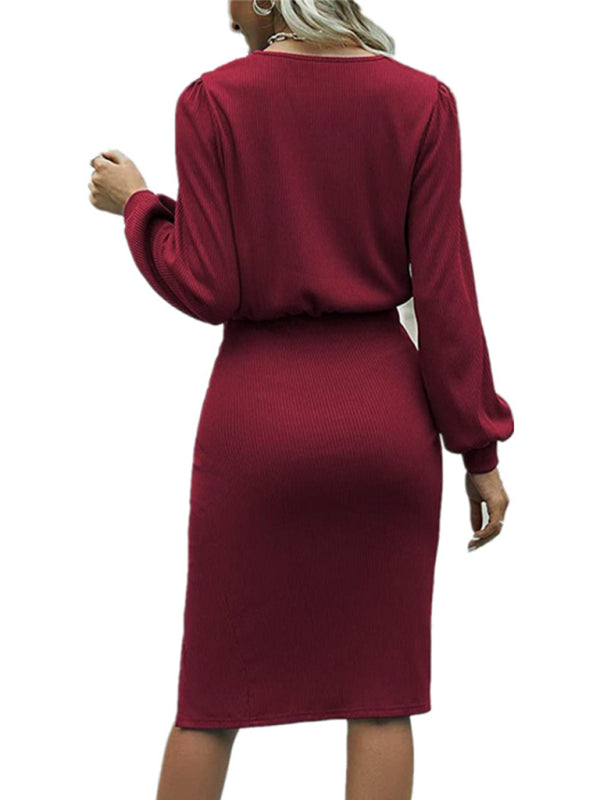 Blue Zone Planet |  Threaded Waist Lantern Long-Sleeved Knitted Split Hip Dress BLUE ZONE PLANET