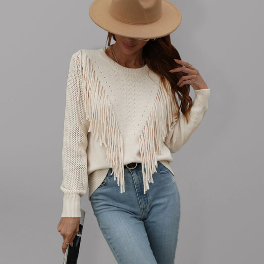 Pullover loose solid color knit fringed sweater kakaclo