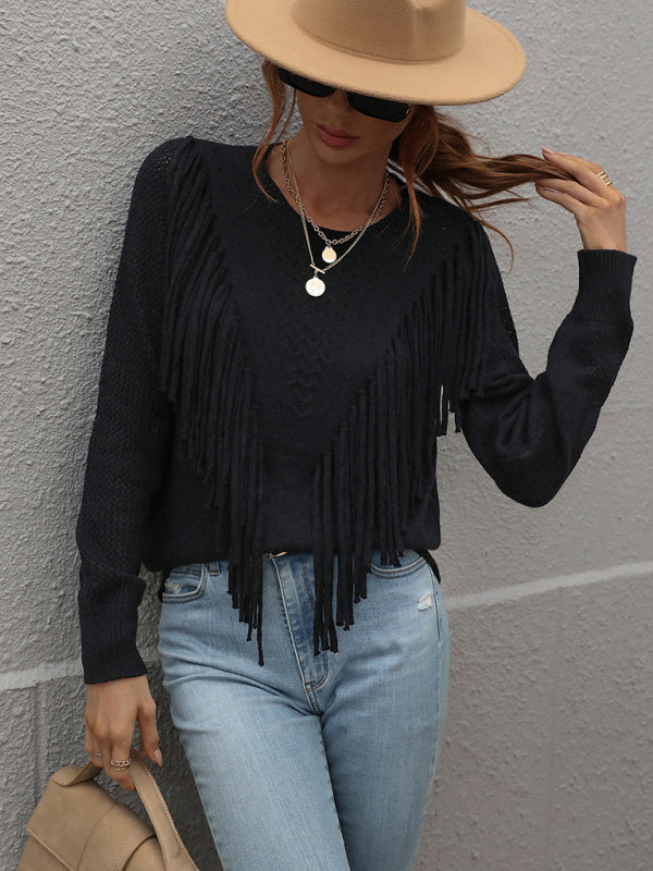 Pullover loose solid color knit fringed sweater kakaclo