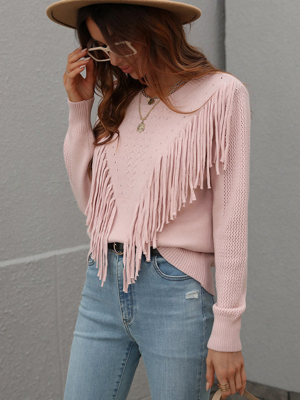 Pullover loose solid color knit fringed sweater kakaclo