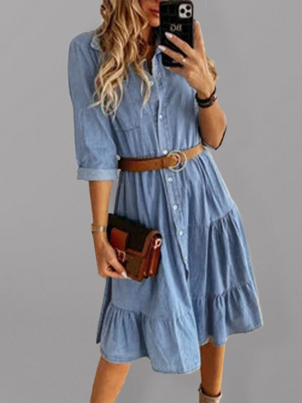 Denim Lapel Panel Button Breasted Midi Dress BLUE ZONE PLANET