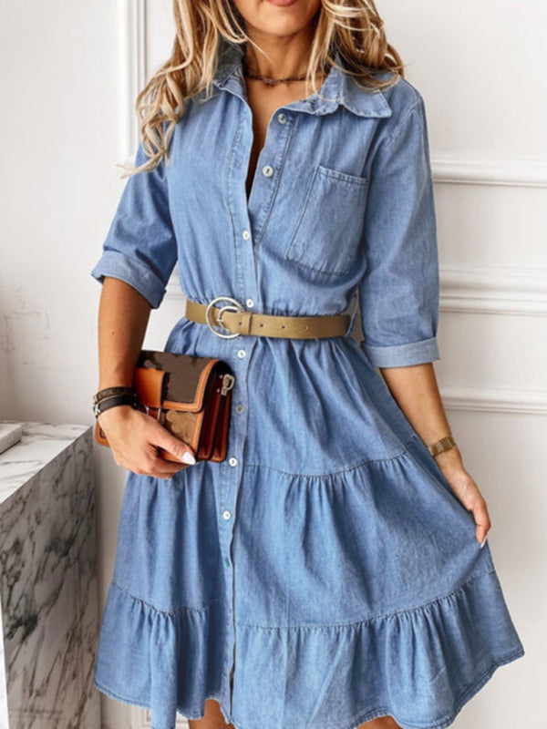 Denim Lapel Panel Button Breasted Midi Dress BLUE ZONE PLANET