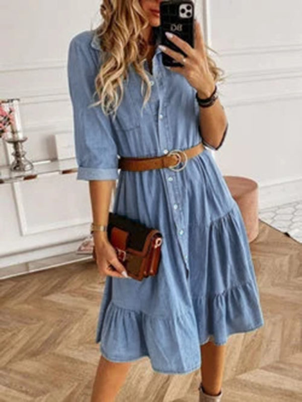 Denim Lapel Panel Button Breasted Midi Dress BLUE ZONE PLANET