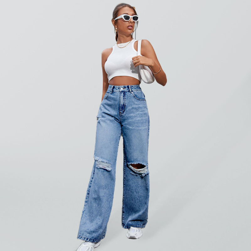 Blue Zone Planet |  Women's Fashion ripped high waist wide leg casual denim trousers kakaclo
