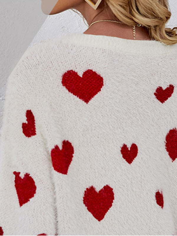 Valentine's Knitted Heart Round Neck Long Sleeve Sweater kakaclo