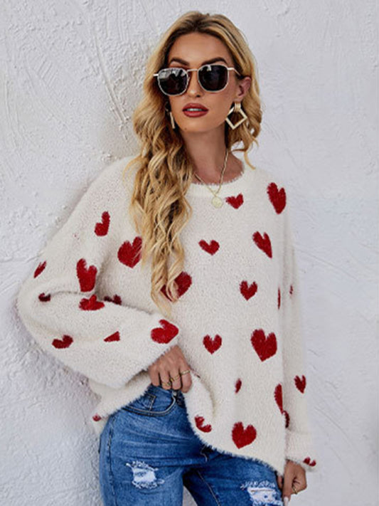 Valentine's Knitted Heart Round Neck Long Sleeve Sweater kakaclo
