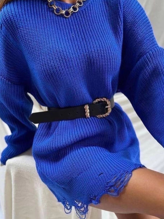 solid color crew neck ripped sweater dress BLUE ZONE PLANET