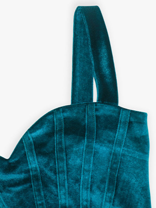 Blue Zone Planet |  Women's gold velvet imitation herringbone design shirring waist bag hip dress kakaclo