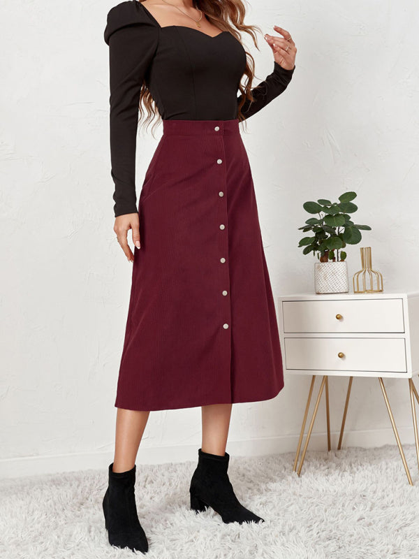 Corduroy Skirt Single Breasted High Waisted Skirt kakaclo