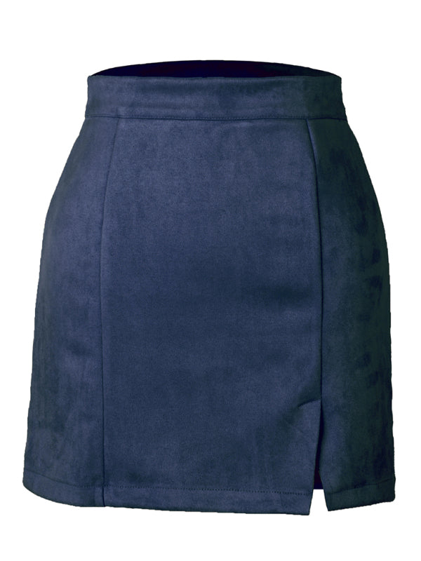 Blue Zone Planet |  Solid Color Faux Suede High Waist Zipper A-line Slit Mini Skirt BLUE ZONE PLANET