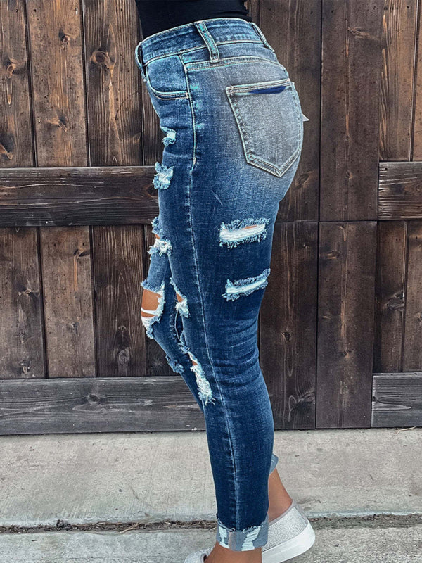 Blue Zone Planet |  Stretch ripped denim trousers washed skinny feet tight buttocks fashion jeans for women kakaclo