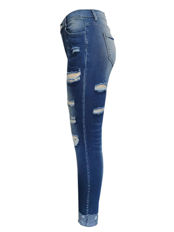 Blue Zone Planet |  Stretch ripped denim trousers washed skinny feet tight buttocks fashion jeans for women kakaclo