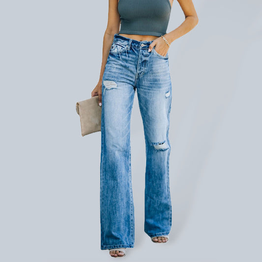 Wash ripped wide leg pants denim trousers-BOTTOM SIZES SMALL MEDIUM LARGE-[Adult]-[Female]-Blue-S-2022 Online Blue Zone Planet