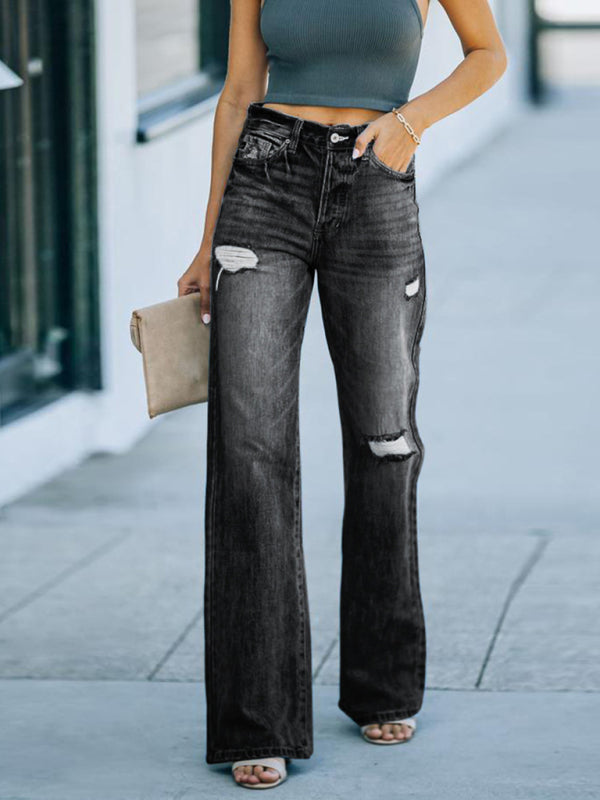 Wash ripped wide leg pants denim trousers-BOTTOM SIZES SMALL MEDIUM LARGE-[Adult]-[Female]-2022 Online Blue Zone Planet