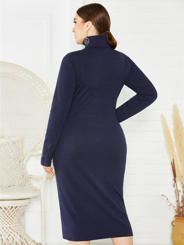 Plus Size Solid Color Knit Turtleneck Long Sleeve Dress-[Adult]-[Female]-2022 Online Blue Zone Planet