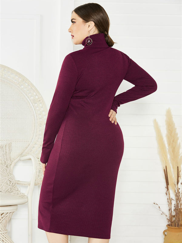 Plus Size Solid Color Knit Turtleneck Long Sleeve Dress-[Adult]-[Female]-2022 Online Blue Zone Planet