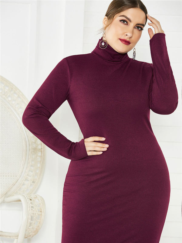 Plus Size Solid Color Knit Turtleneck Long Sleeve Dress-[Adult]-[Female]-Wine Red-XL-2022 Online Blue Zone Planet