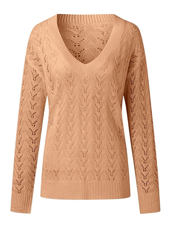 sweater solid color hollow V-neck sweater is and comfortable kakaclo