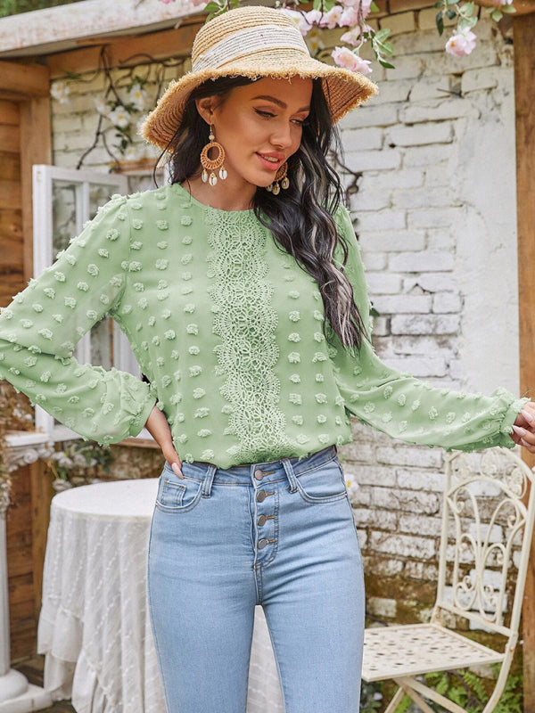 Blue Zone Planet |  round neck balloon sleeve solid color lace shirt BLUE ZONE PLANET