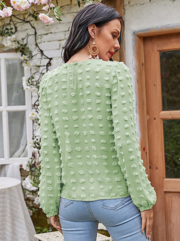 Blue Zone Planet |  round neck balloon sleeve solid color lace shirt BLUE ZONE PLANET
