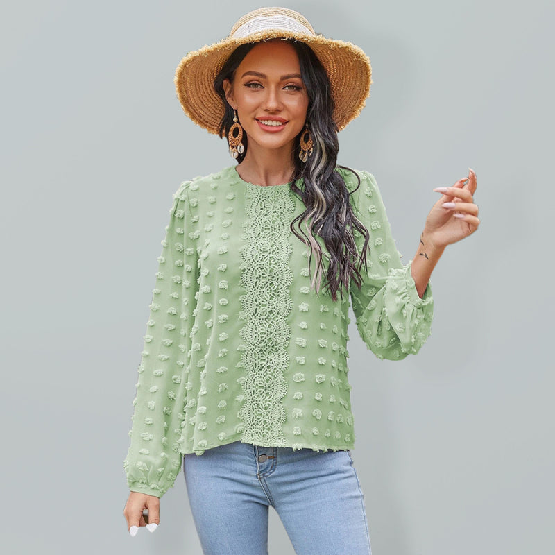 Blue Zone Planet |  round neck balloon sleeve solid color lace shirt BLUE ZONE PLANET