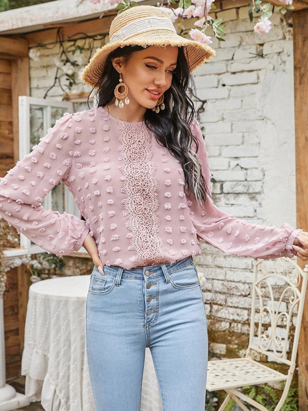 Blue Zone Planet |  round neck balloon sleeve solid color lace shirt BLUE ZONE PLANET